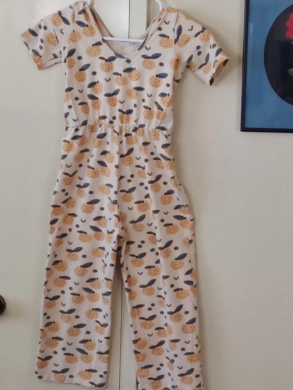 Girls White and Yellow Fruit-Print Casual Jumpsuit with Elastic Waist
